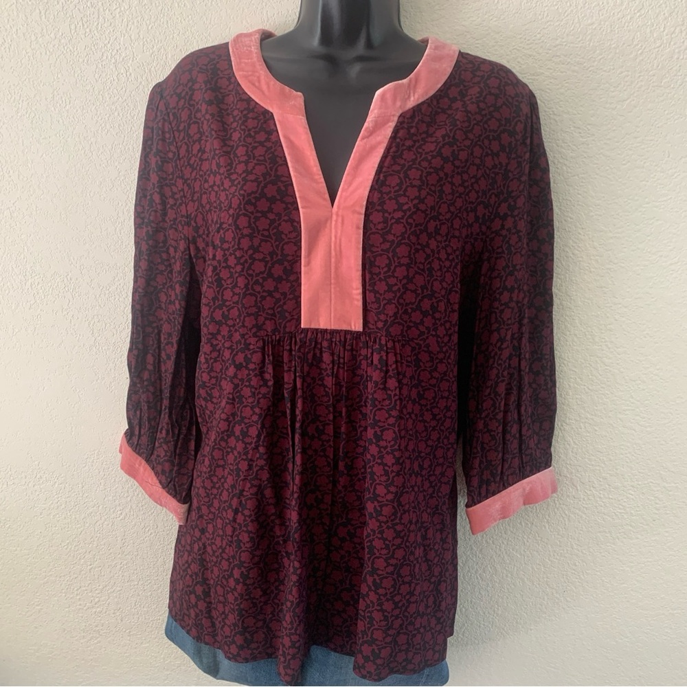 New BODEN Annabelle Top Size 14 Burgundy & Black Pink Velvet Trim3/4 Sleeve 🆕